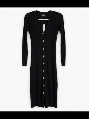 Tart Black Ribbed Button-Front Long Sleeve Midi Dress